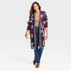 NWT Knox Rose Open Front Duster Cardigan Sweater Navy & Red Size S